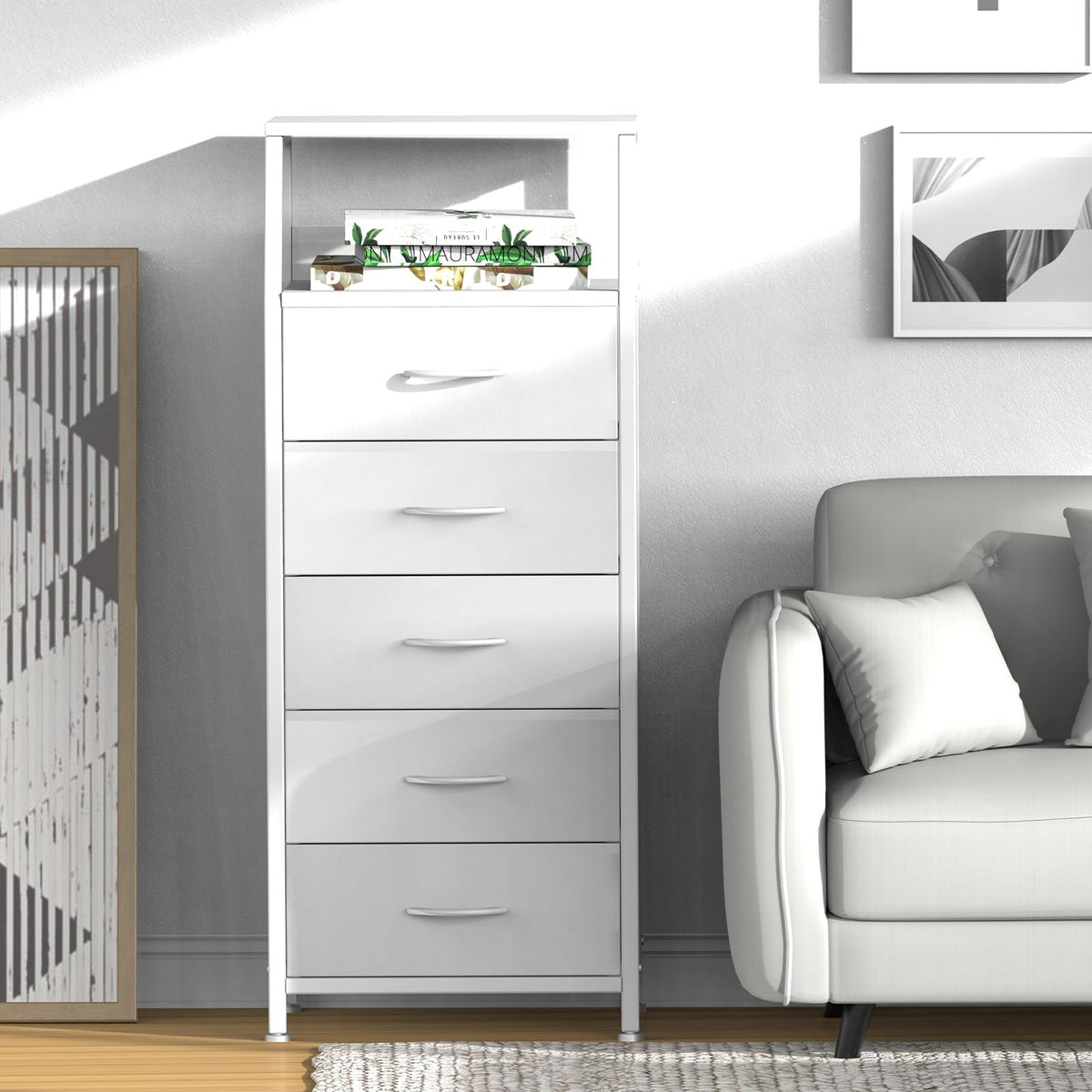 White 5 Drawer Fabric Dresser I386552