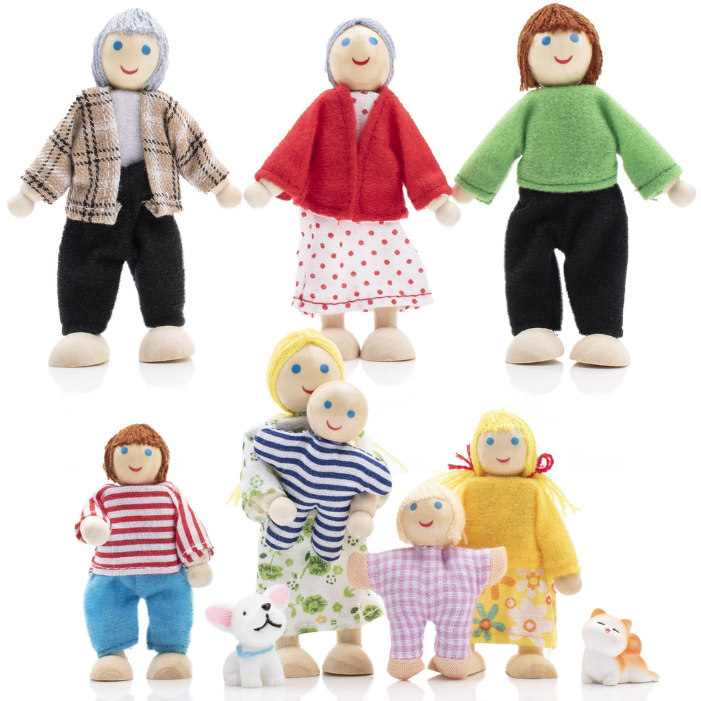 Wooden Dollhouse Dolls Family Set of 8 Miniature Figures and 2 Pets C995