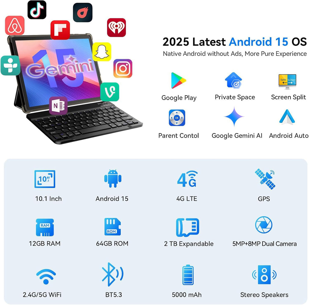 10 inch 2-in-1 Android 15 Tablet with Keyboard, Mouse, and Case, 4G LTE, 12GB RAM + 64GB ROM, Octa-Core, IPS Display, 5G Wi-Fi, GPS, Bluetooth W890177
