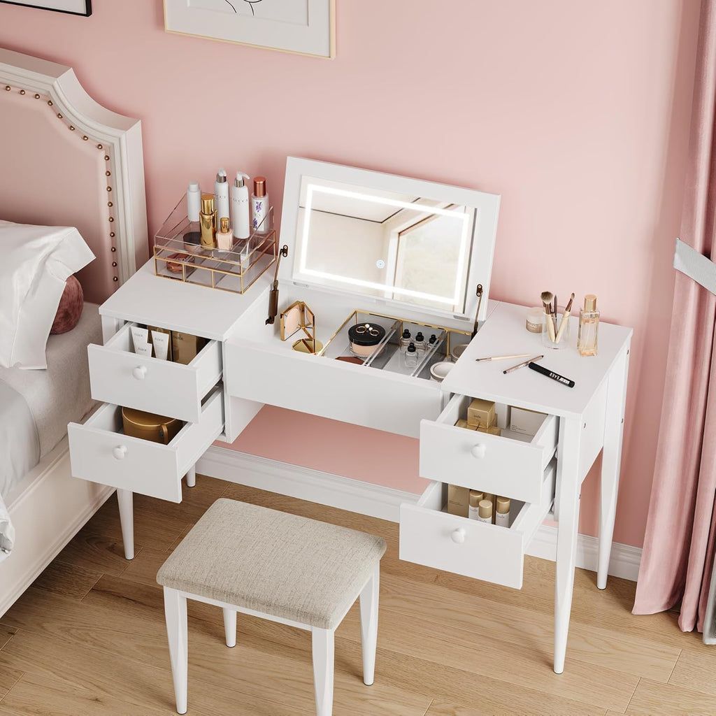 White Makeup Vanity Desk with Flip Top Mirror and Chair J94512