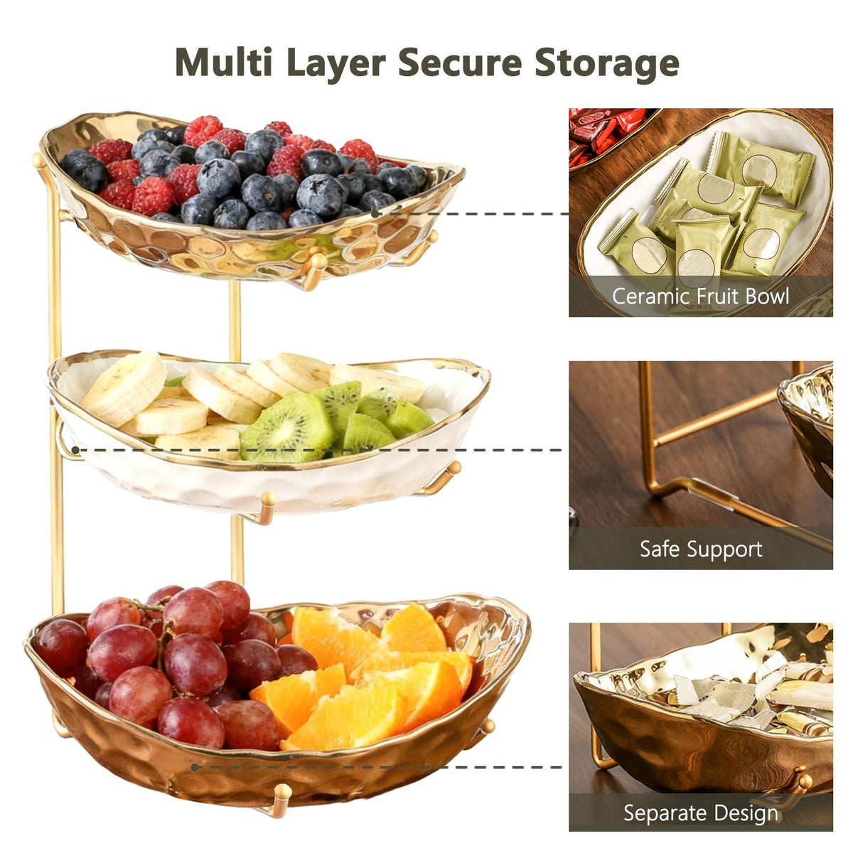 3 Tier Ceramic Fruit Bowl with Metal Stand N891