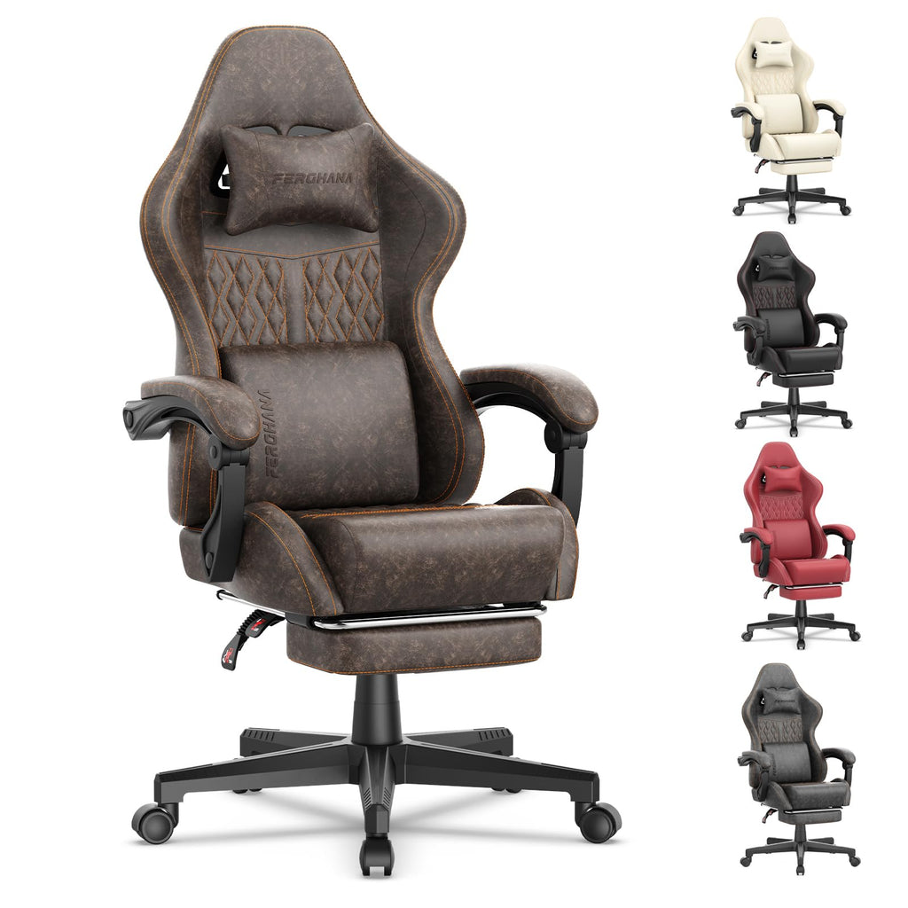 Brown PU Leather Ergonomic Reclining Gaming Chair with Massage Lumbar Support and Footrest B585