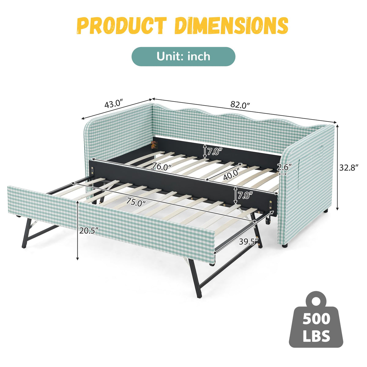 Twin Size Gingham Daybed with Trundle and Side Storage Pockets N11095
