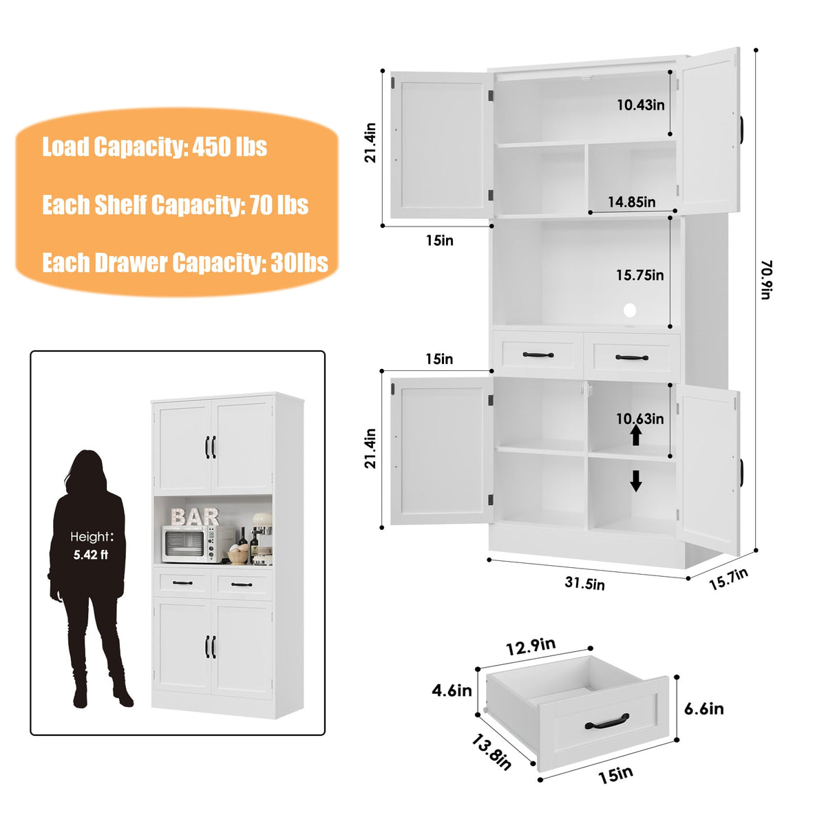 White Tall Wood Kitchen Pantry Storage Cabinet S924625