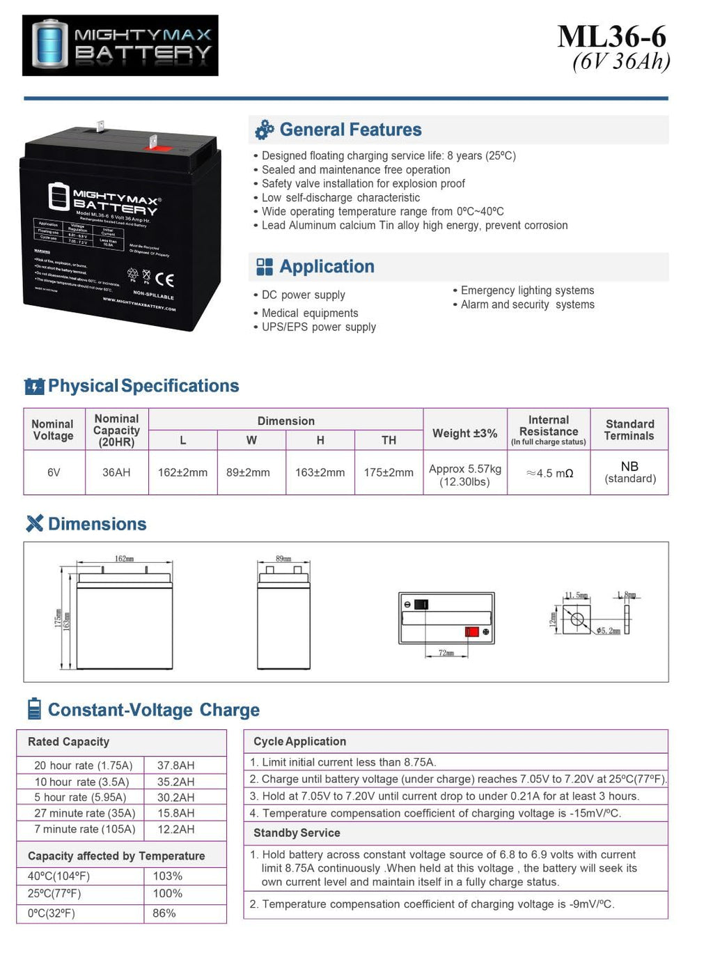 6 Volt 36 AH Rechargeable SLA AGM Battery 4 Pack K93509