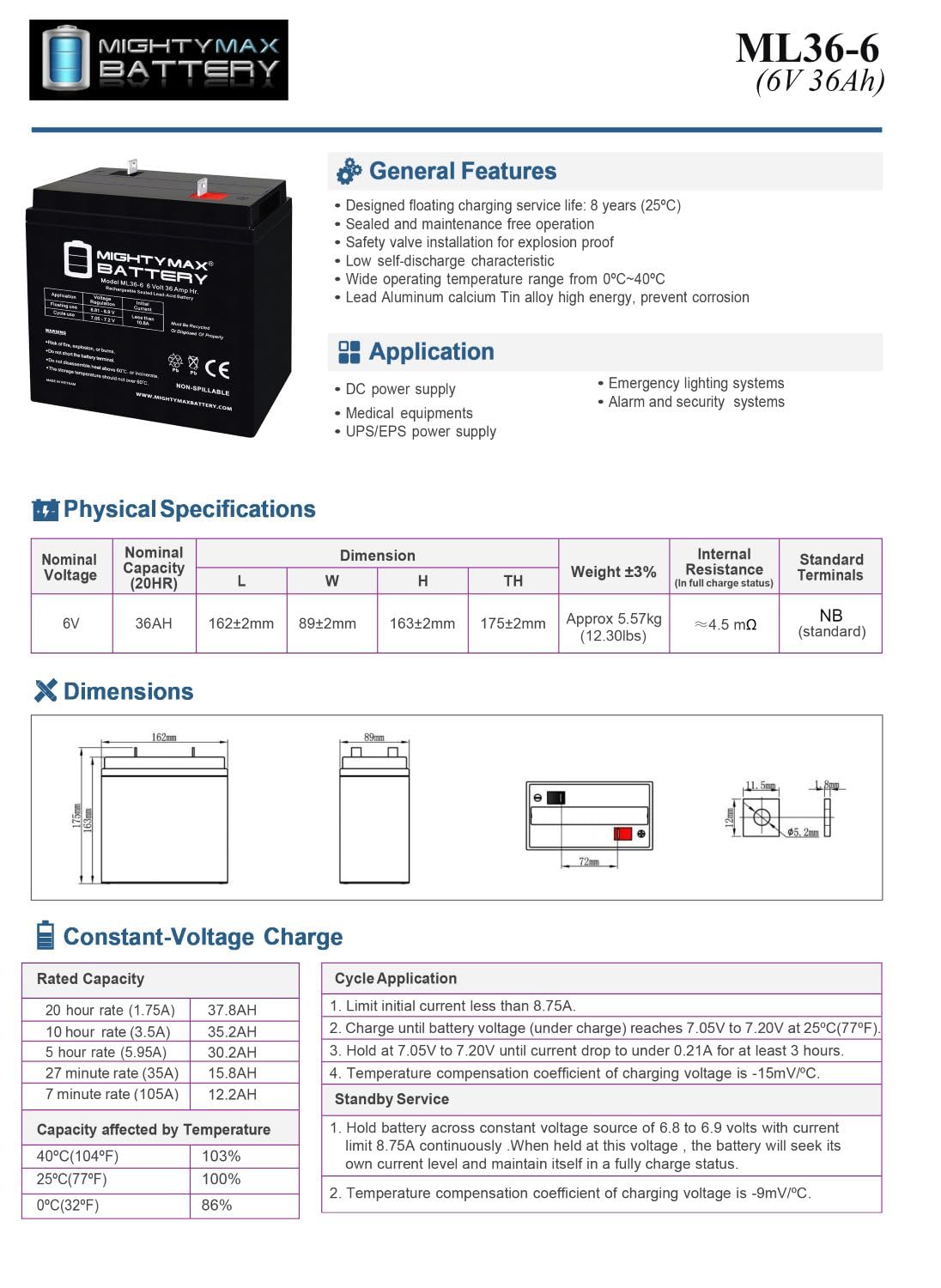 6 Volt 36 AH Rechargeable SLA AGM Battery 4 Pack K93509