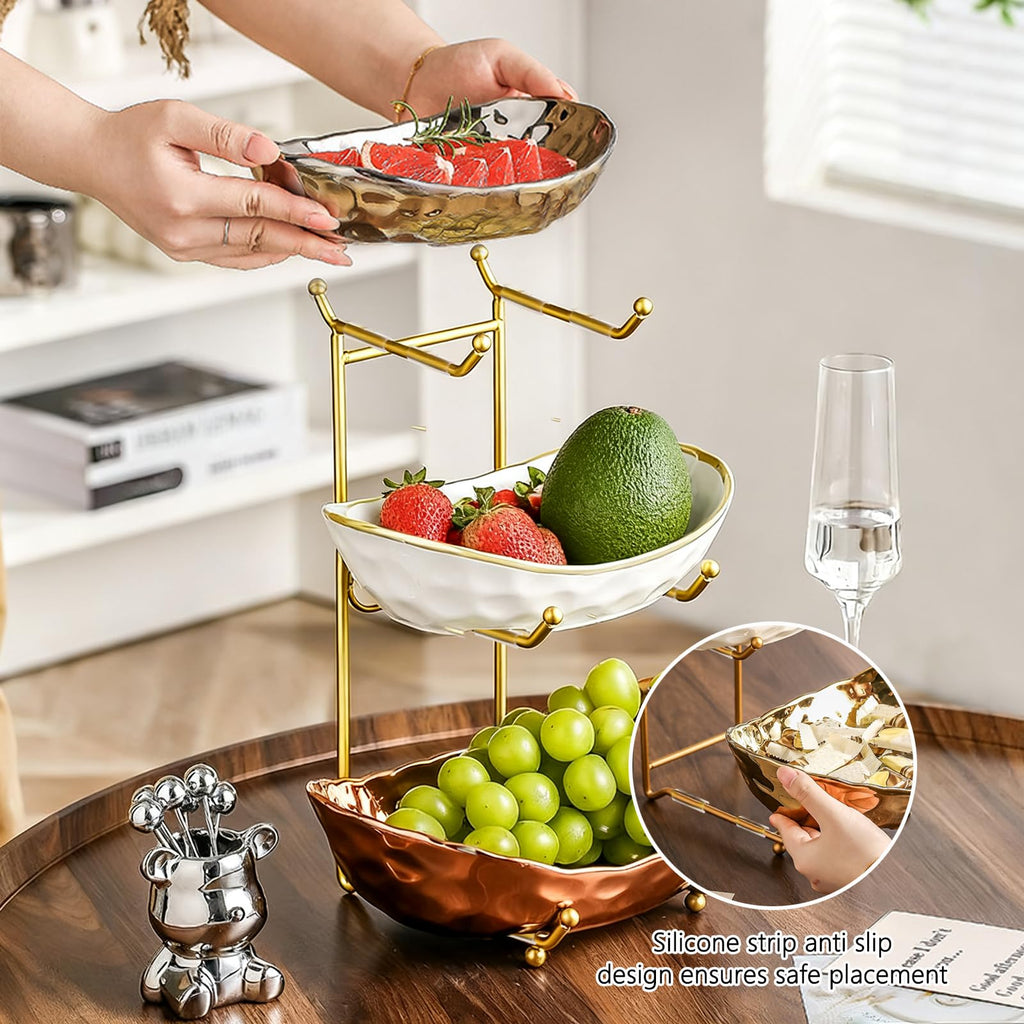 3 Tier Ceramic Fruit Bowl with Metal Stand N891
