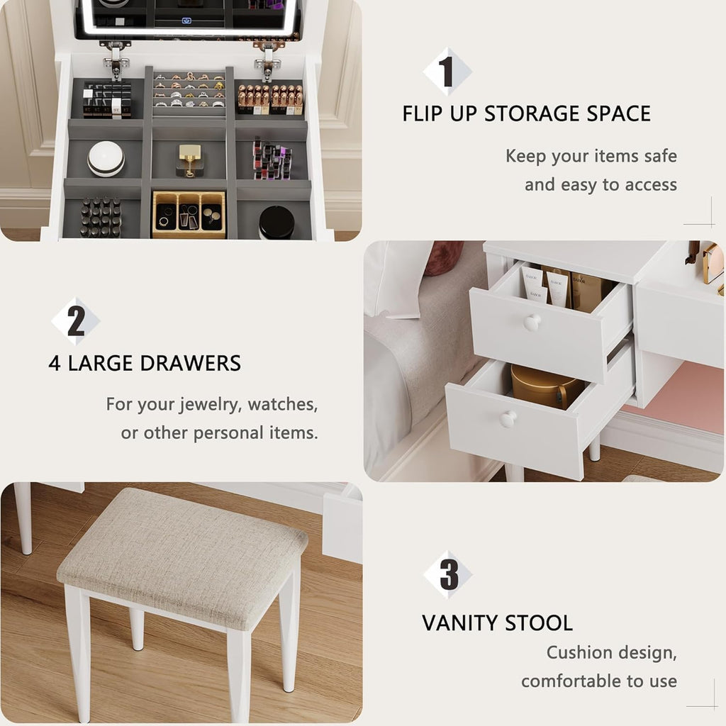 White Makeup Vanity Desk with Flip Top Mirror and Chair J94512