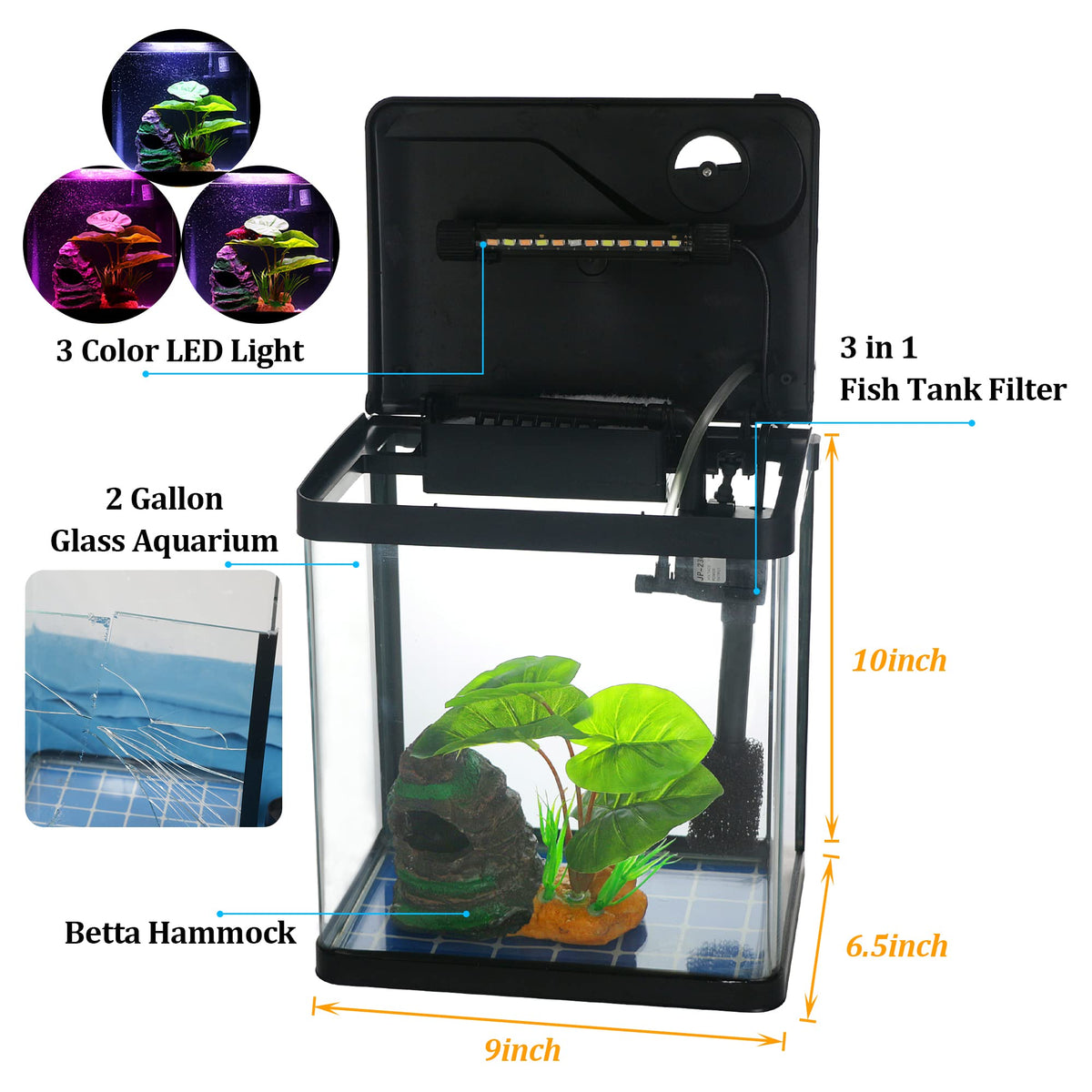 2 Gallon Self Cleaning Glass Betta Fish Tank with LED Light Z124