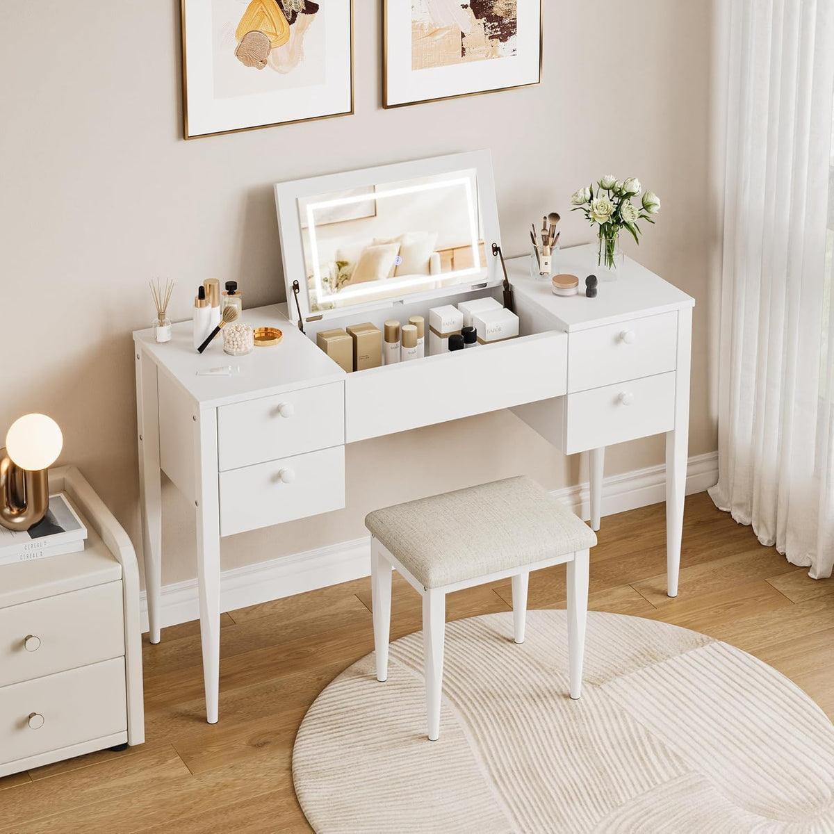 White Makeup Vanity Desk with Flip Top Mirror and Chair J94512