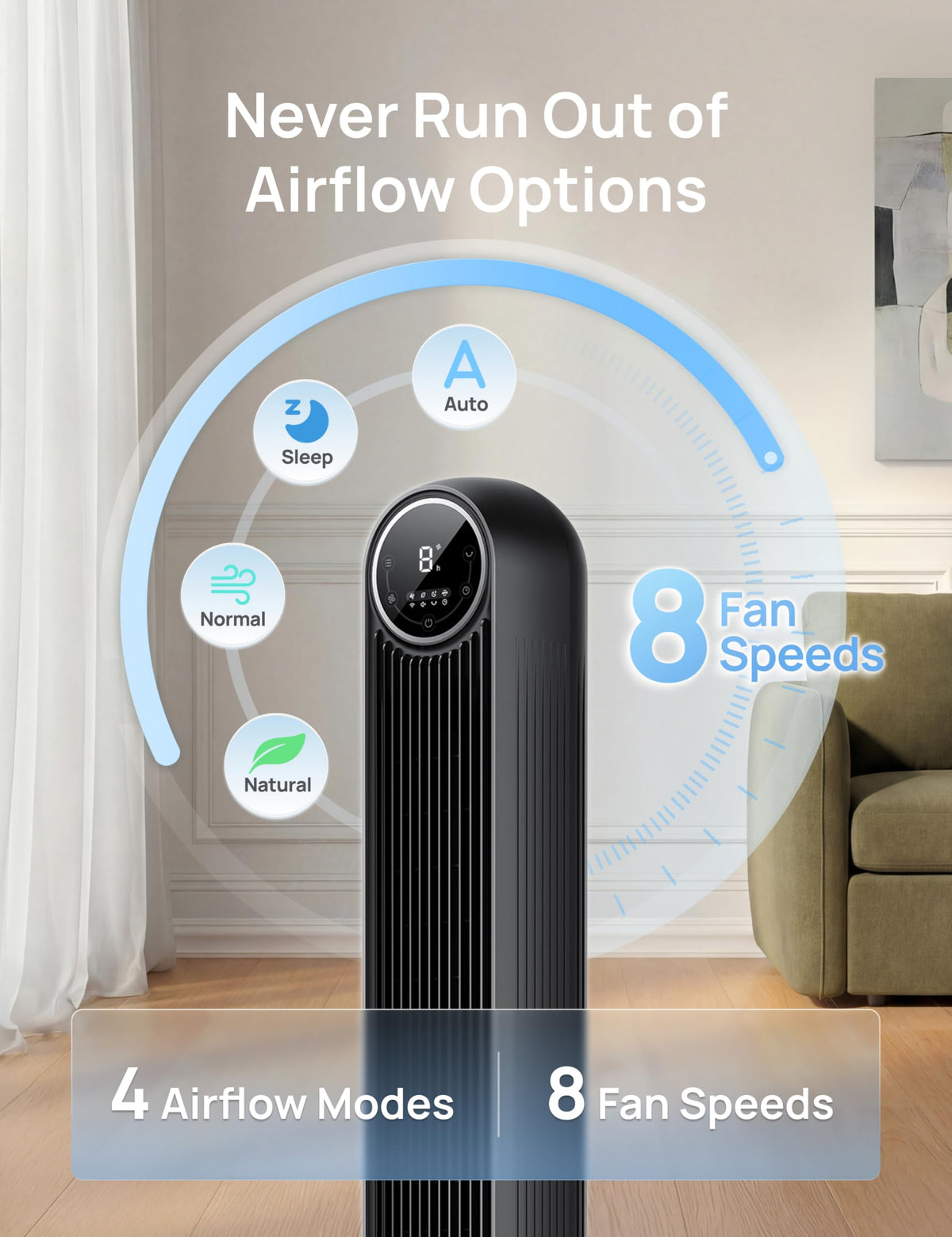Ultra Quiet Tower Fan, 8 Speeds O1360