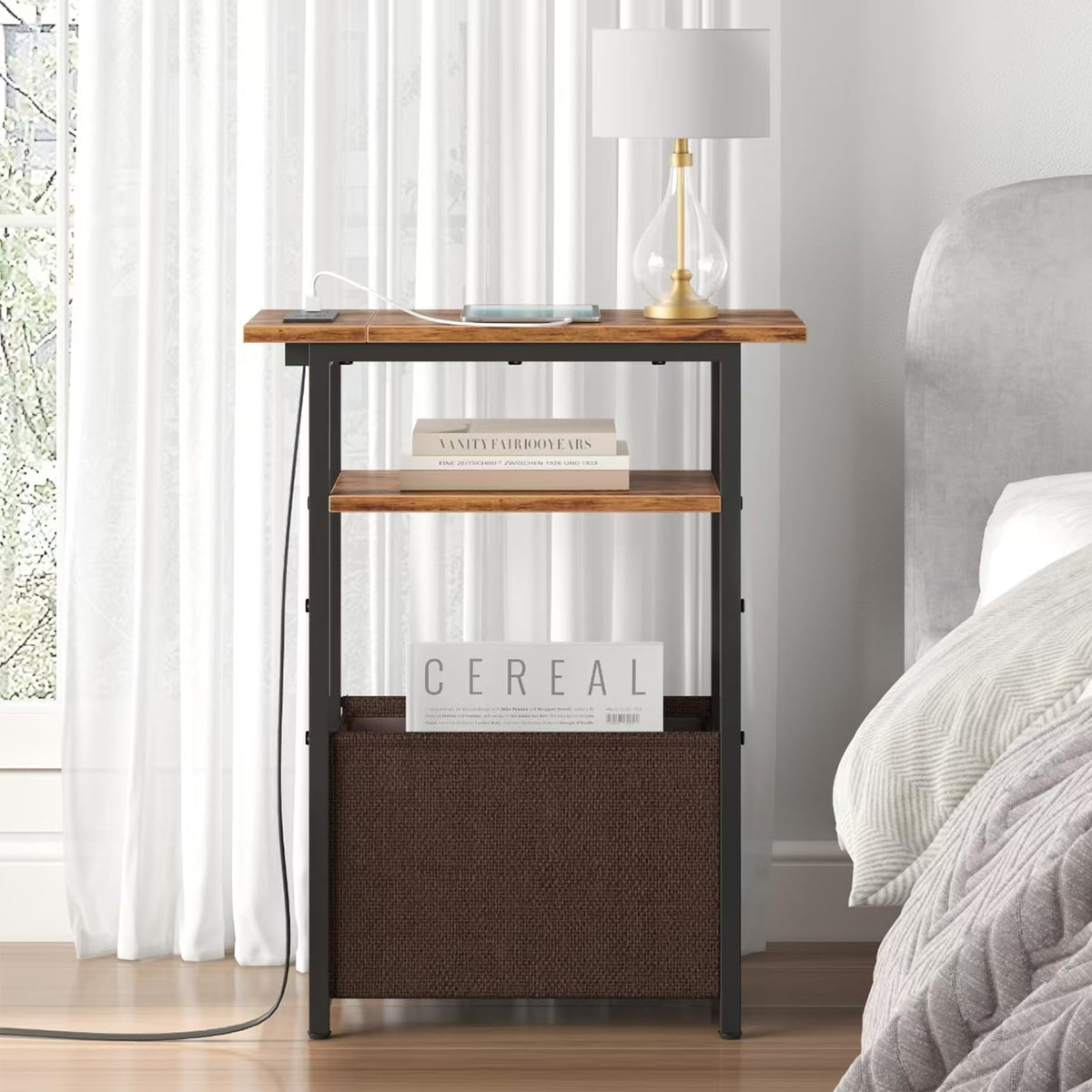 Narrow Side Table with Charging Station, 3 Tier End Table with Storage Basket A9498