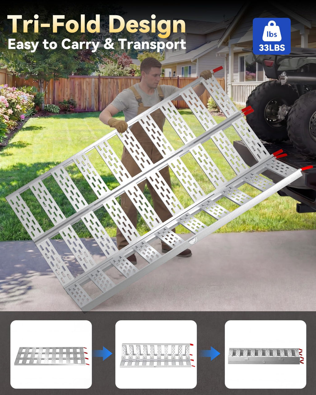 Tri-Fold Aluminum Loading Ramp, 1500 lbs Capacity, 76''L × 50''W H400