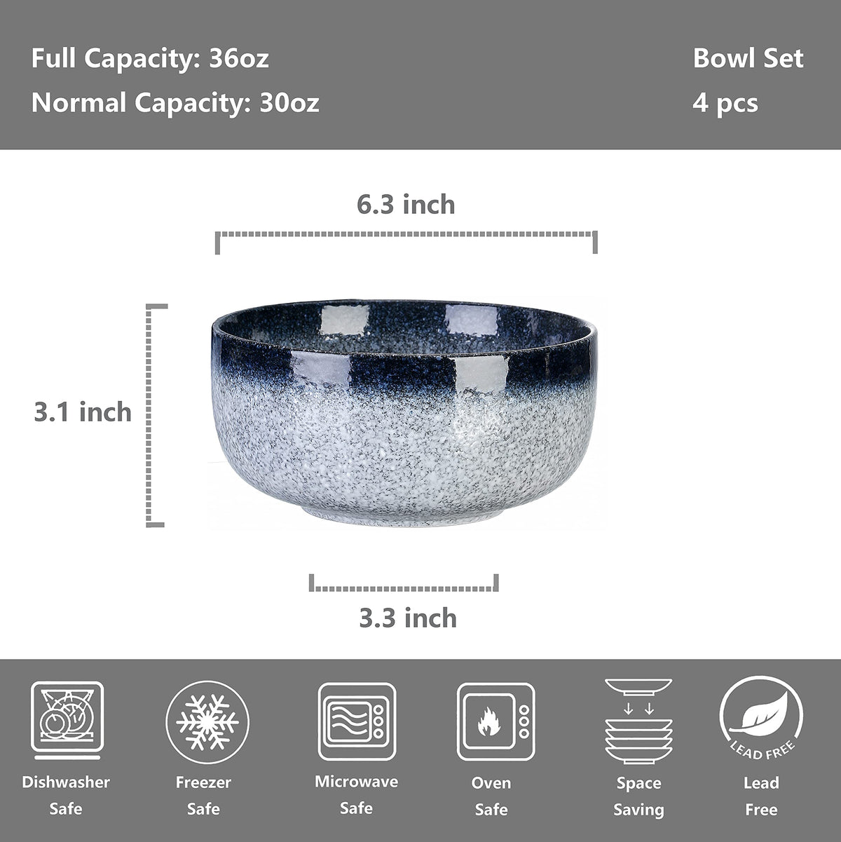 36 Ounce Ceramic Bowl Set of 4 Dark Blue Z9261