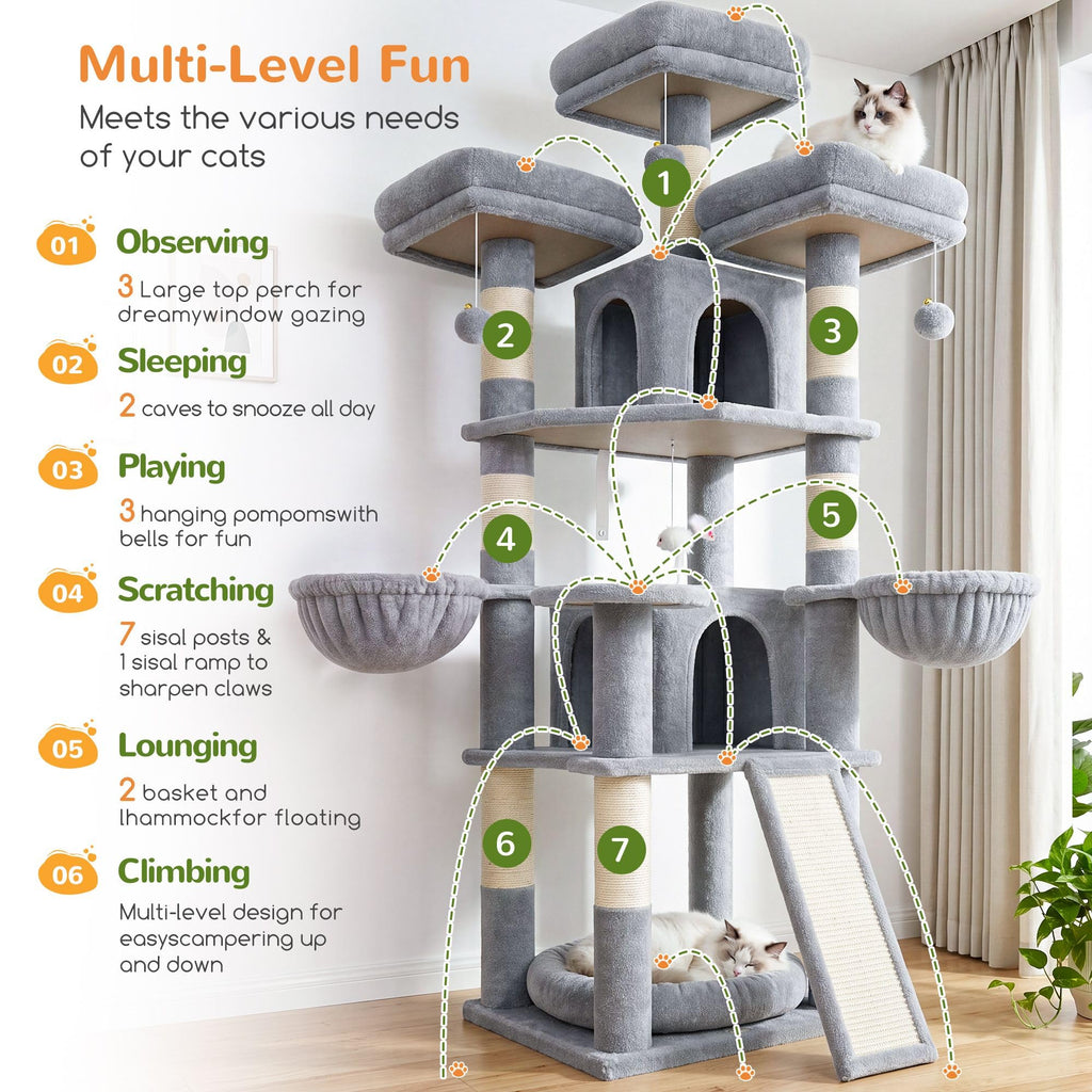 70 Inch Light Grey Cat Tree with Scratching Post K659