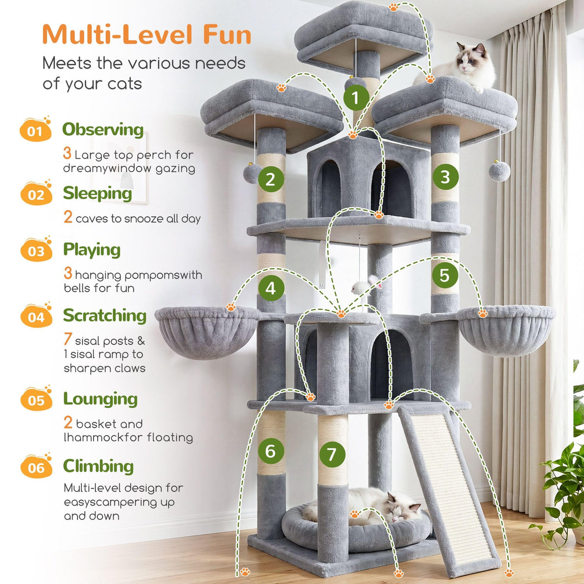 70 Inch Light Grey Cat Tree with Scratching Post K659