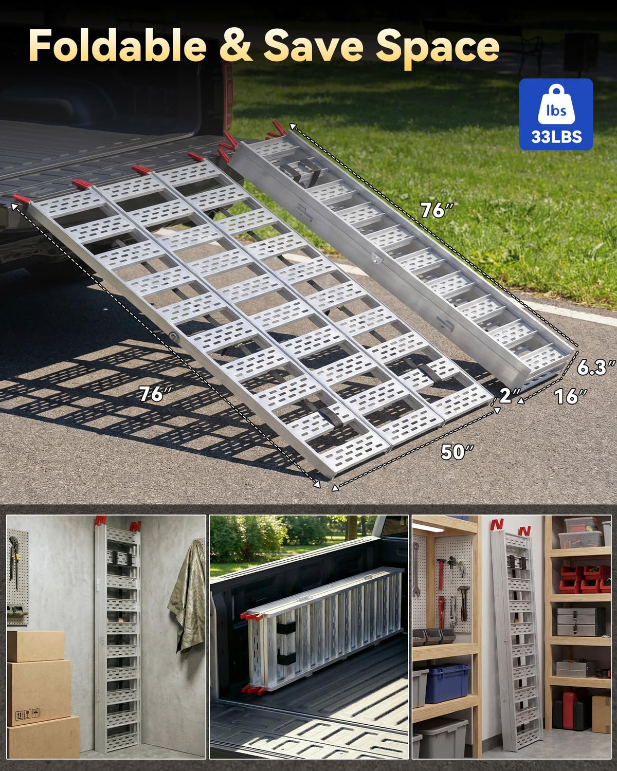 Tri-Fold Aluminum Loading Ramp, 1500 lbs Capacity, 76''L × 50''W H400