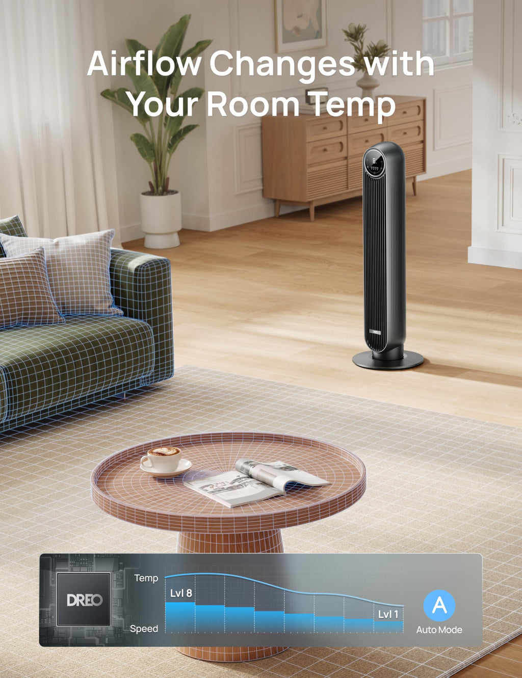 Ultra Quiet Tower Fan, 8 Speeds O1360