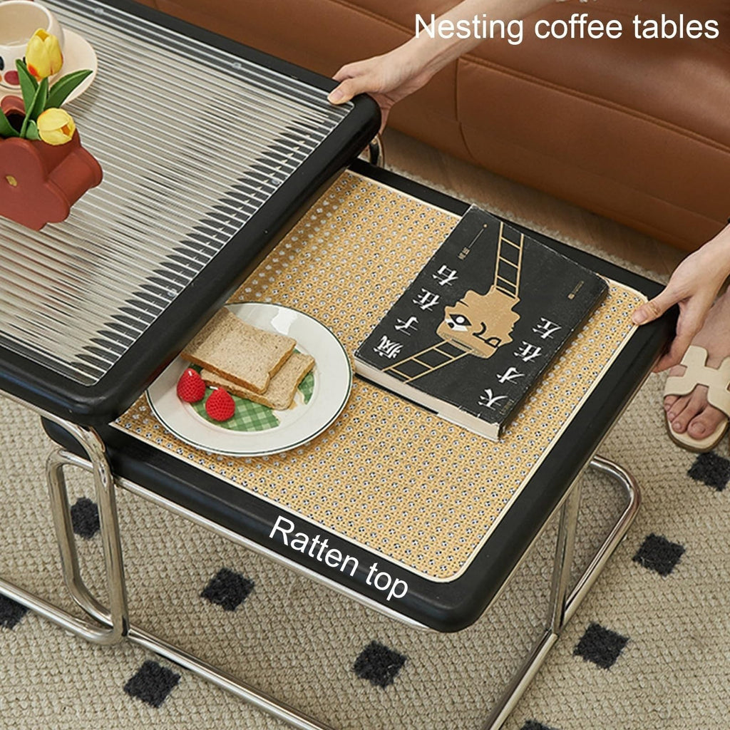 Mid Century Modern Coffee Table Set of 2 Square Metal Base B59059