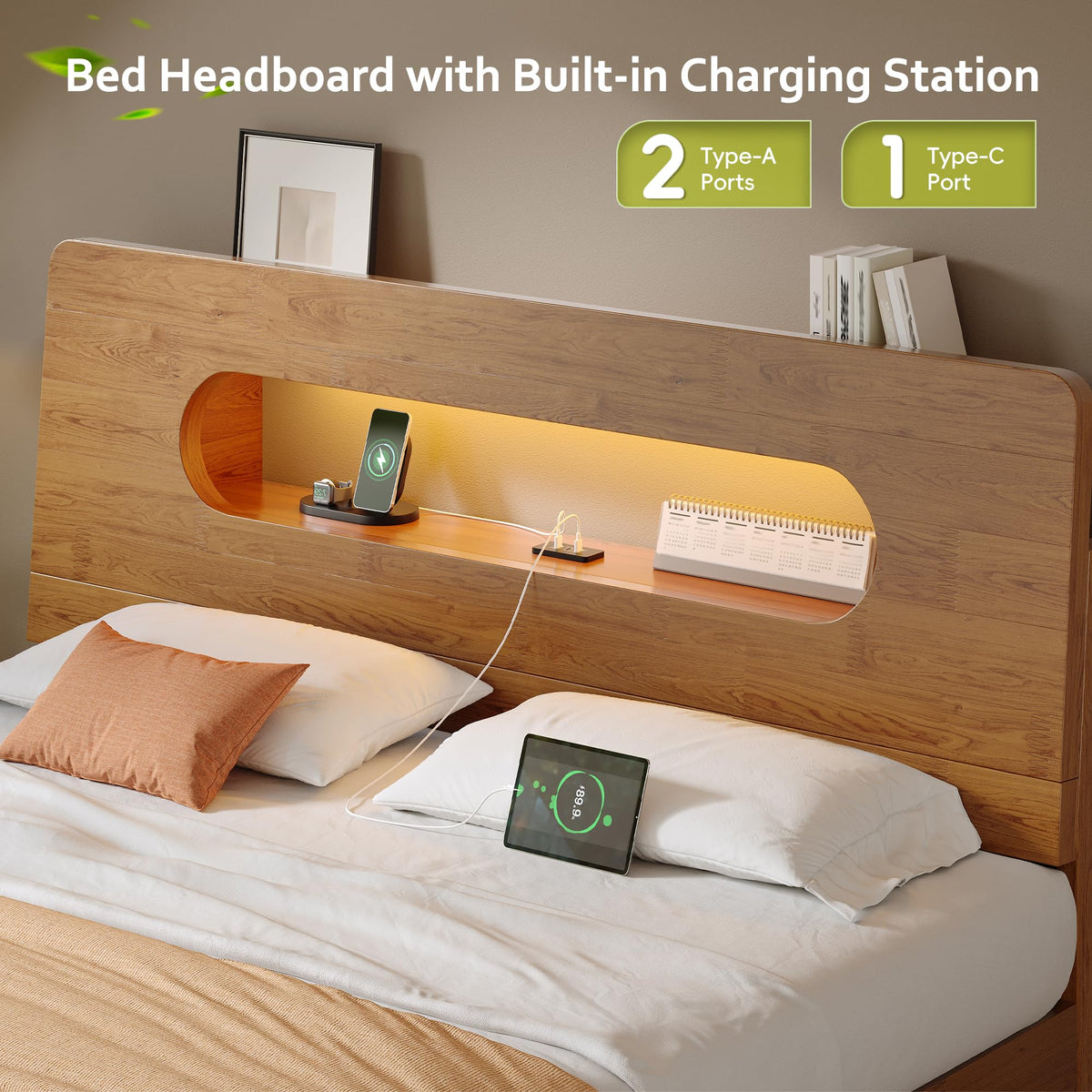 Queen Size Solid Wood Bed Frame with Storage Headboard, Brown E9613