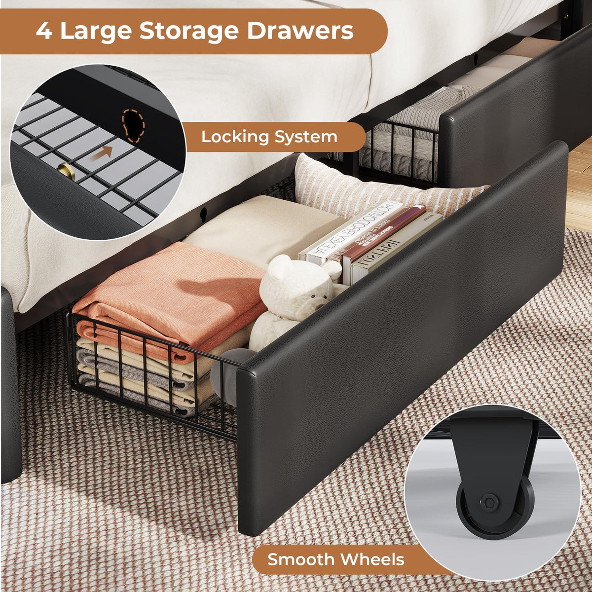 Black Full Size Upholstered Platform Bed Frame with Bookcase Headboard and 4 Drawers C576503