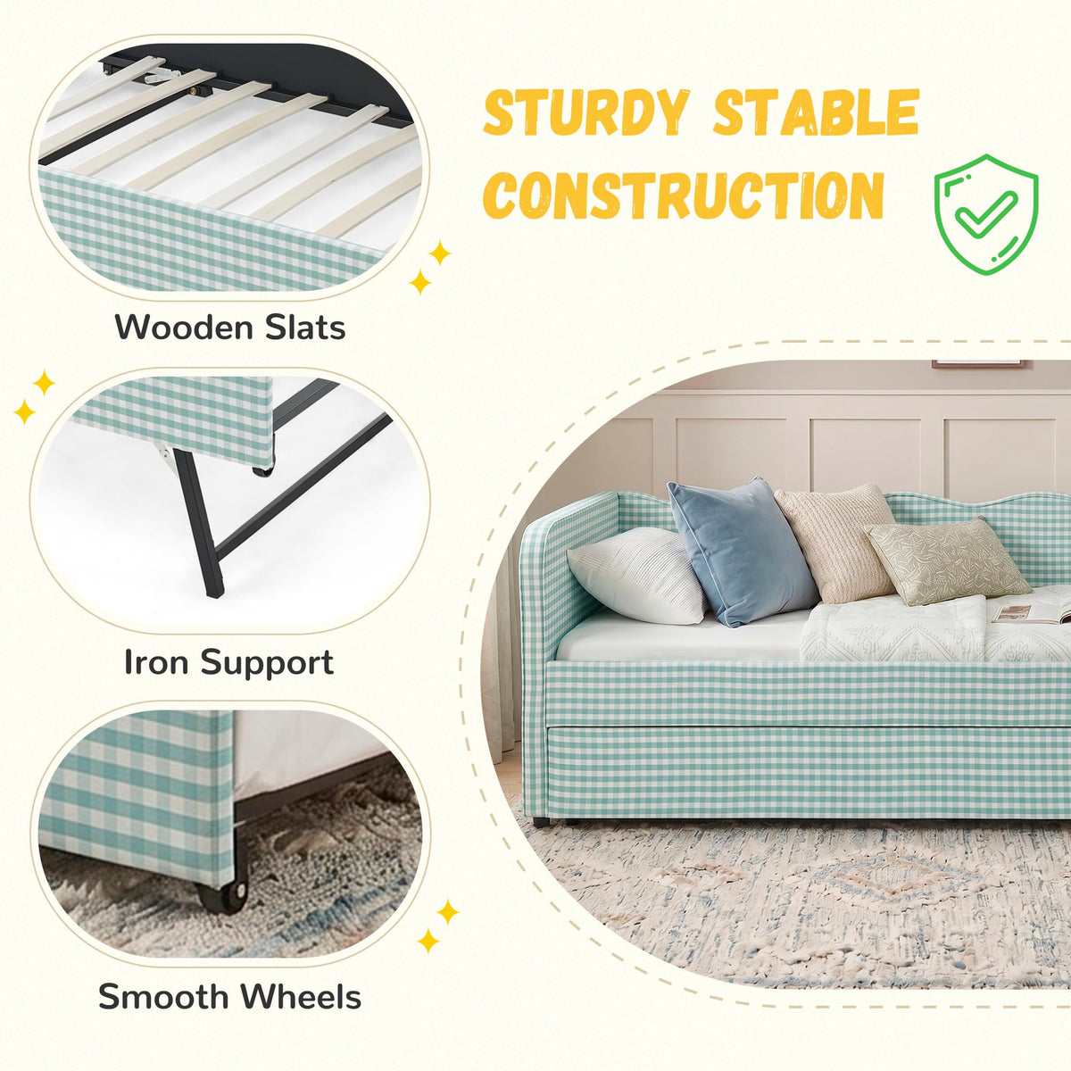 Twin Size Gingham Daybed with Trundle and Side Storage Pockets N11095