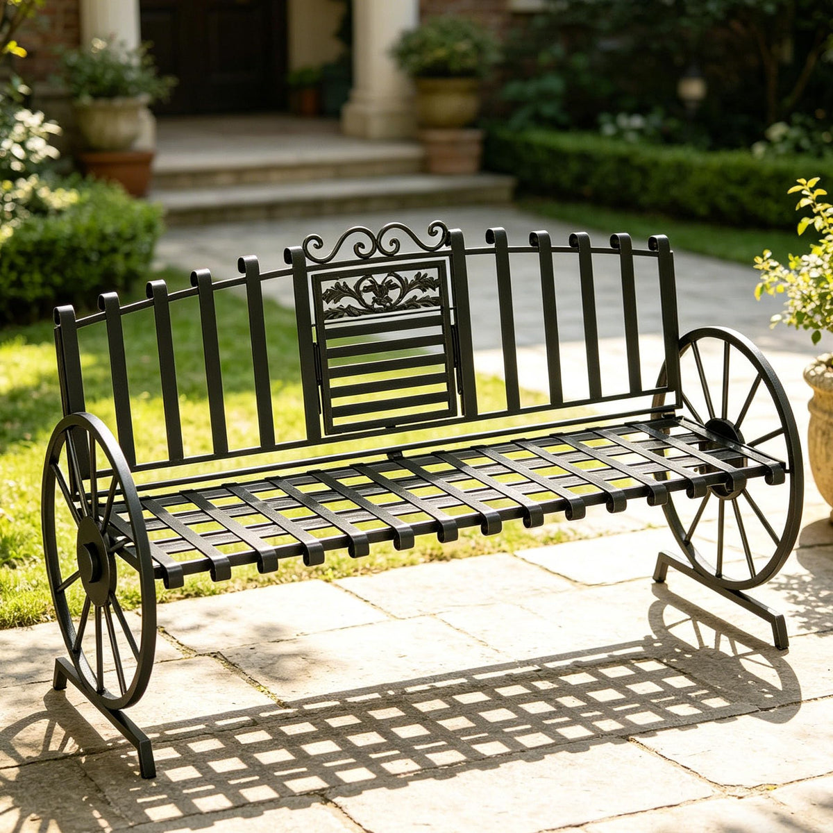 Black Outdoor Garden Bench with Built-in Table Q4302