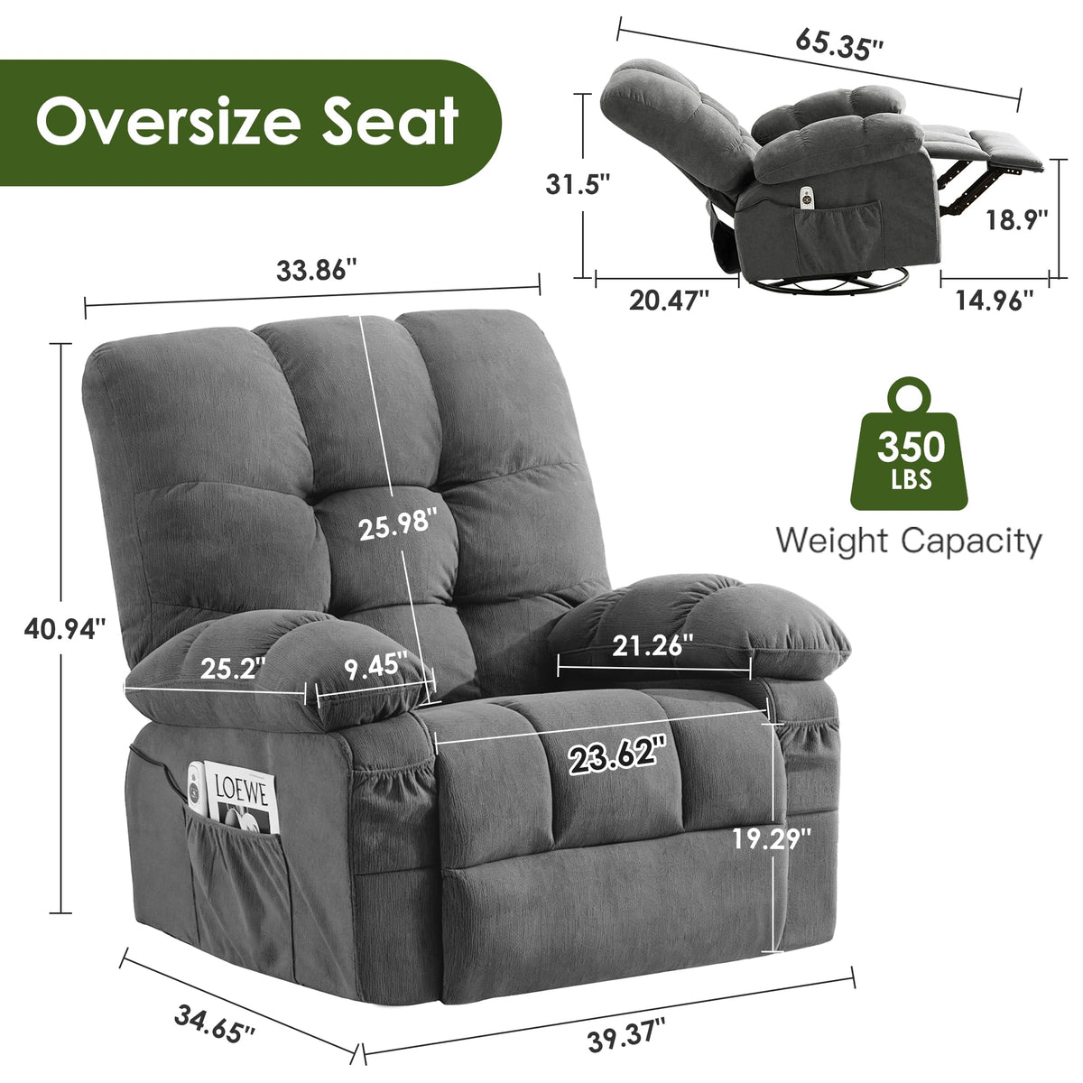 Oversized Swivel Recliner Chair with Vibration & Lumbar Heat M31693