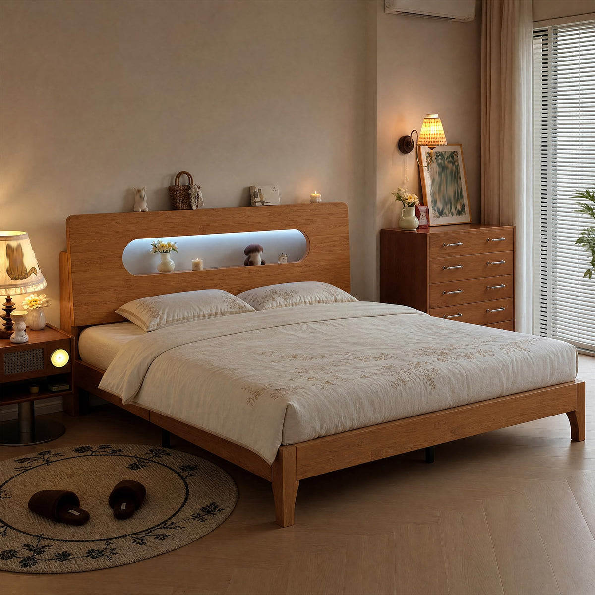 Queen Size Solid Wood Bed Frame with Storage Headboard, Brown E9613