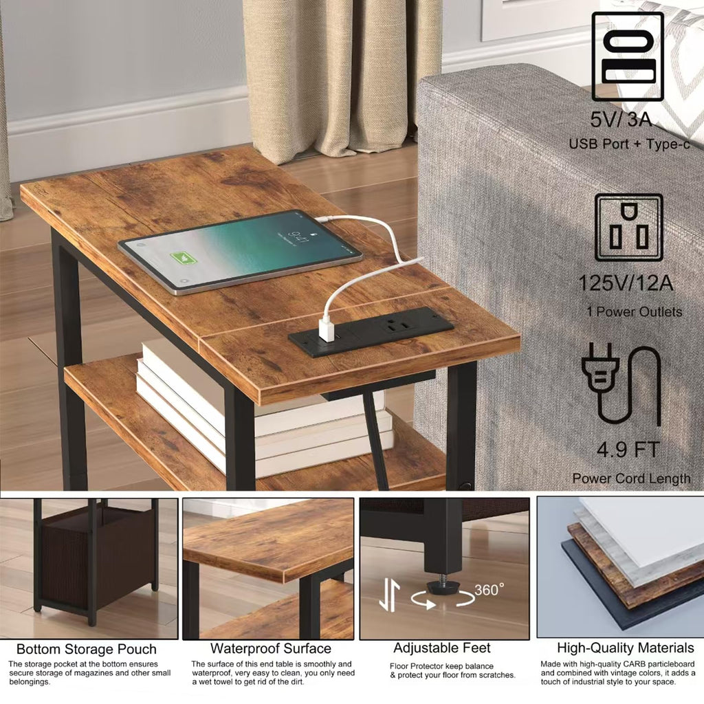 Narrow Side Table with Charging Station, 3 Tier End Table with Storage Basket A9498