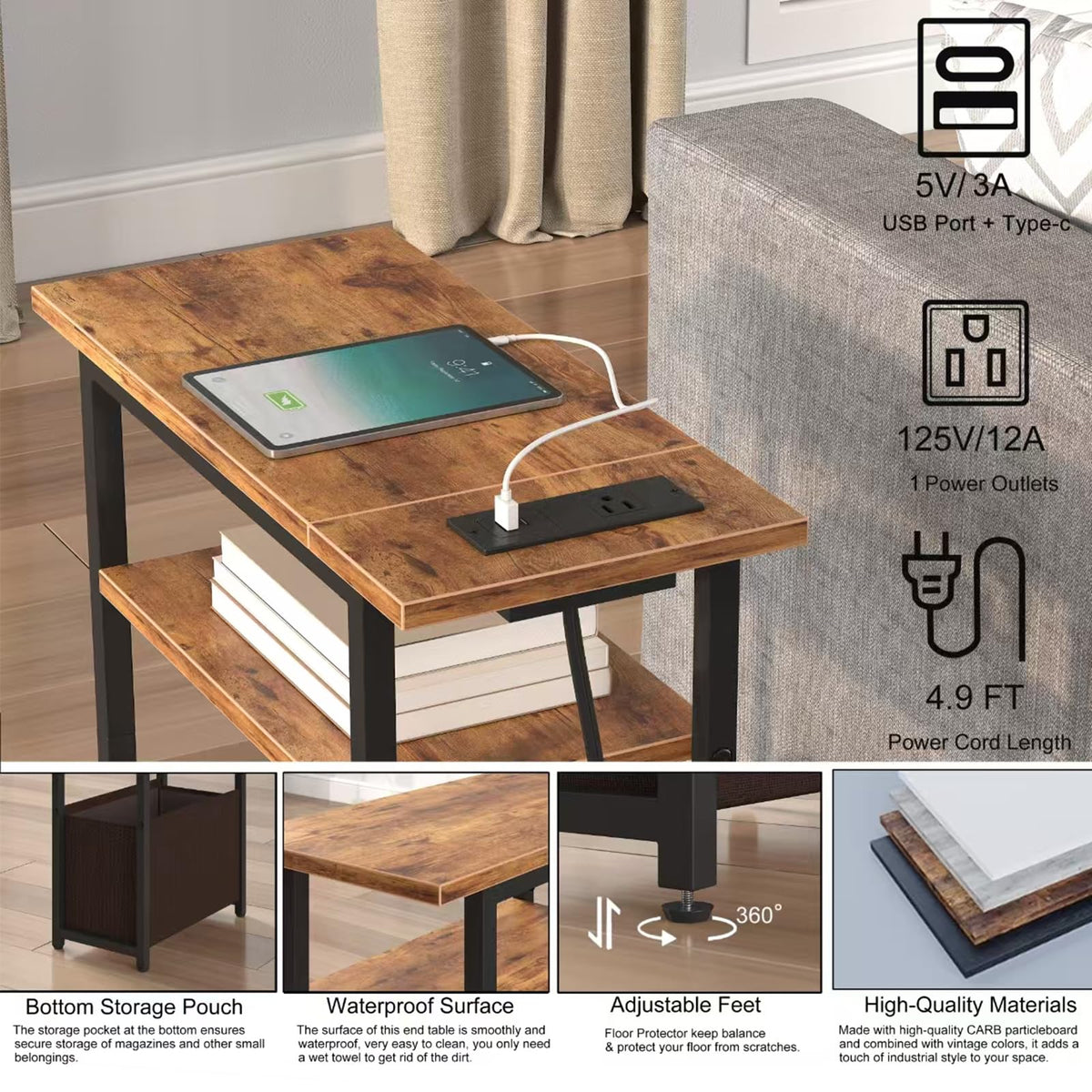 Narrow Side Table with Charging Station, 3 Tier End Table with Storage Basket A9498