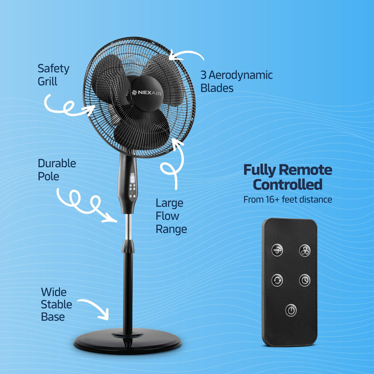 16 Inch Oscillating Pedestal Fan with Remote Control, 3 Speed, Adjustable Height R2753