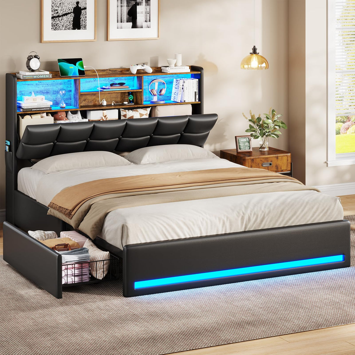 Black Full Size Upholstered Platform Bed Frame with Bookcase Headboard and 4 Drawers C576503