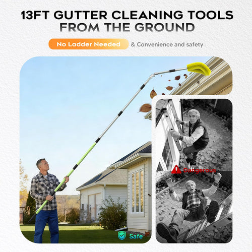 13ft Gutter Cleaning Tools with Replaceable Brush Rake Scoop, 180° Adjustable Angle, Yellow P187