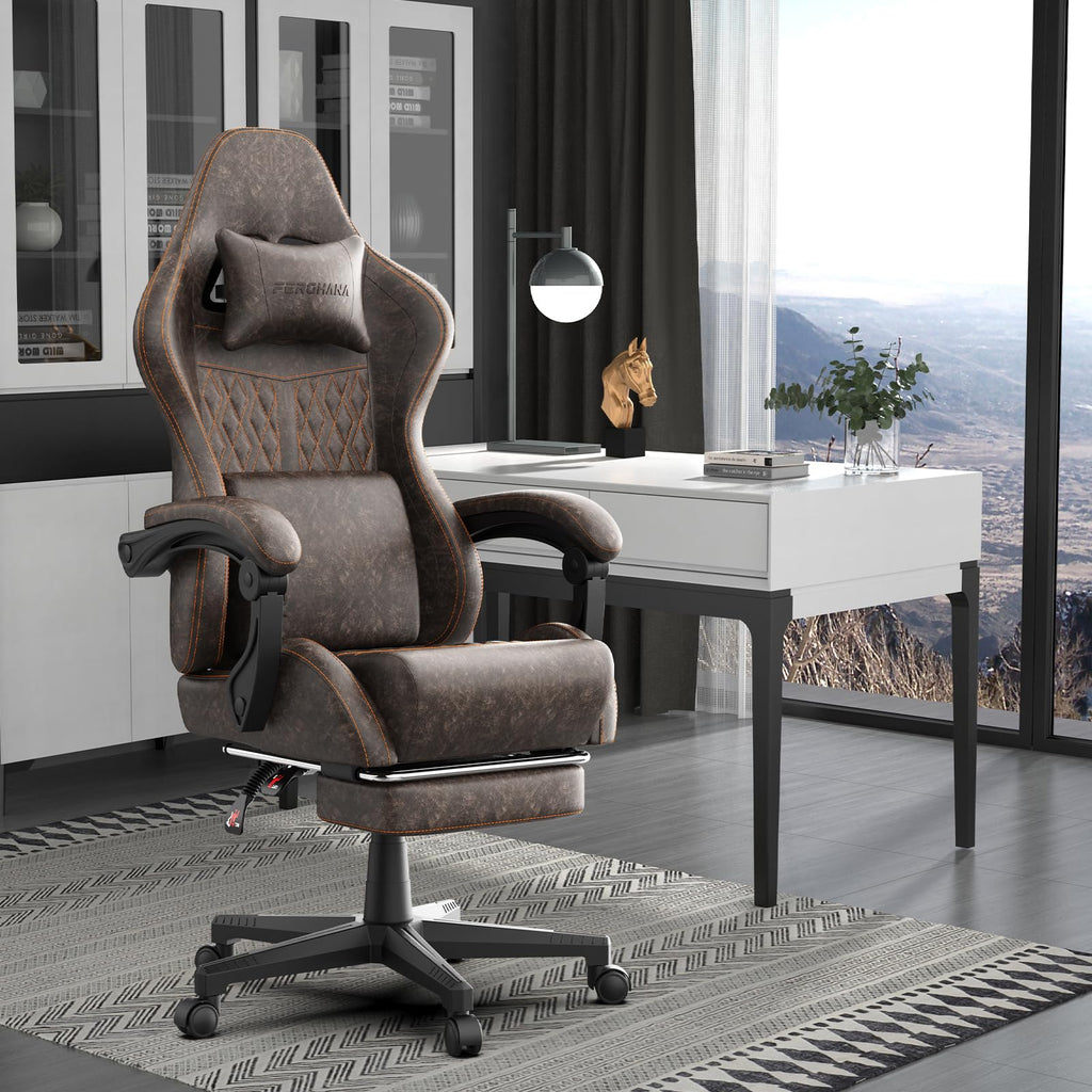 Brown PU Leather Ergonomic Reclining Gaming Chair with Massage Lumbar Support and Footrest B585