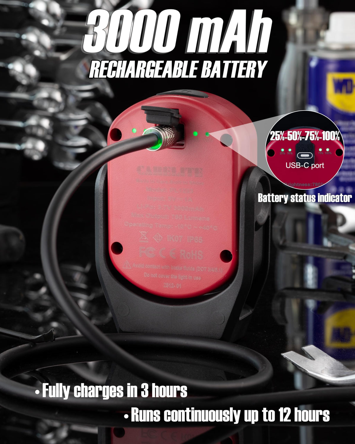 Magnetic Work Light 780 Lumen Rechargeable 3000mAh Red D53876