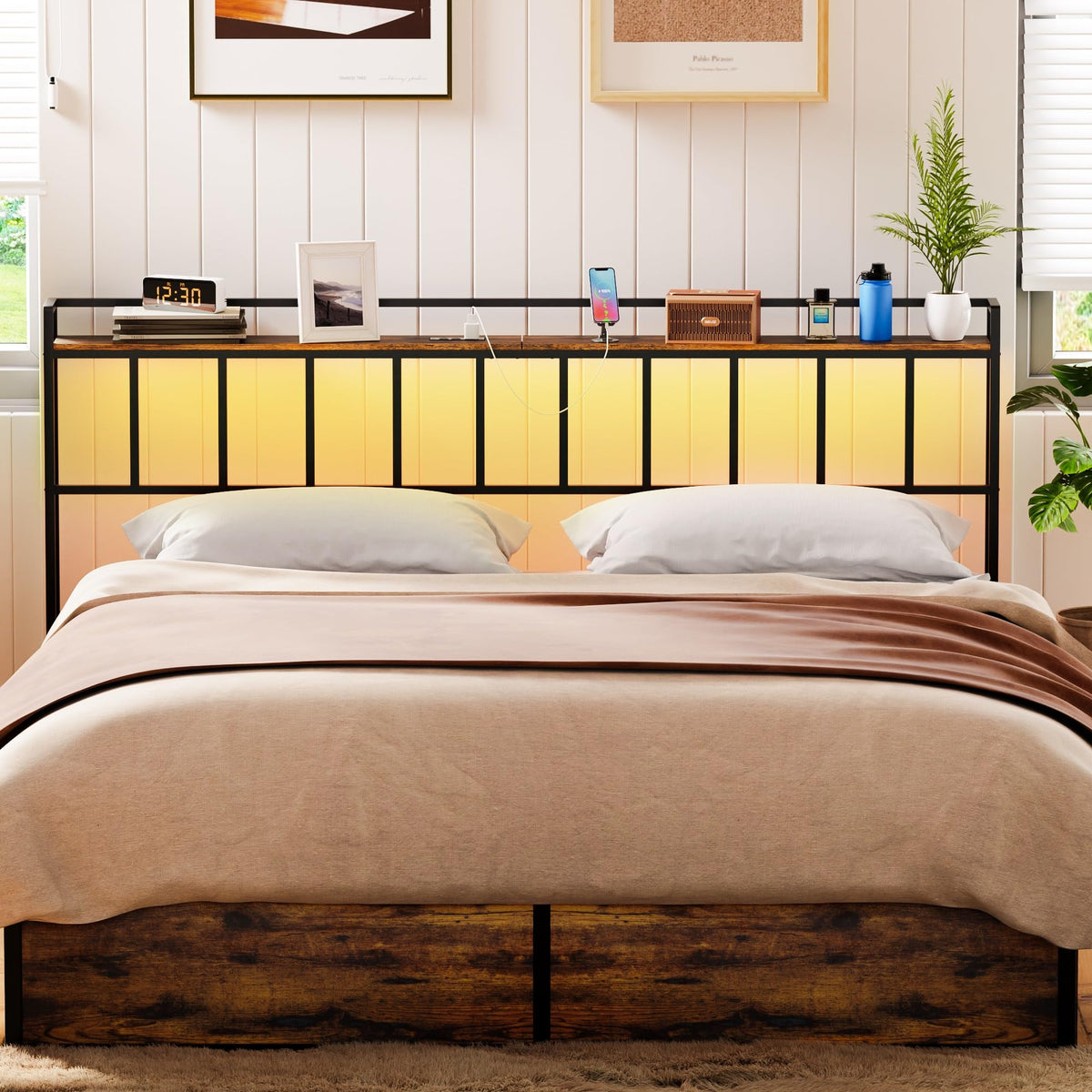 King Size Headboard with LED Light, Outlets and USB Ports, Storage Rack, Rustic Brown B6498