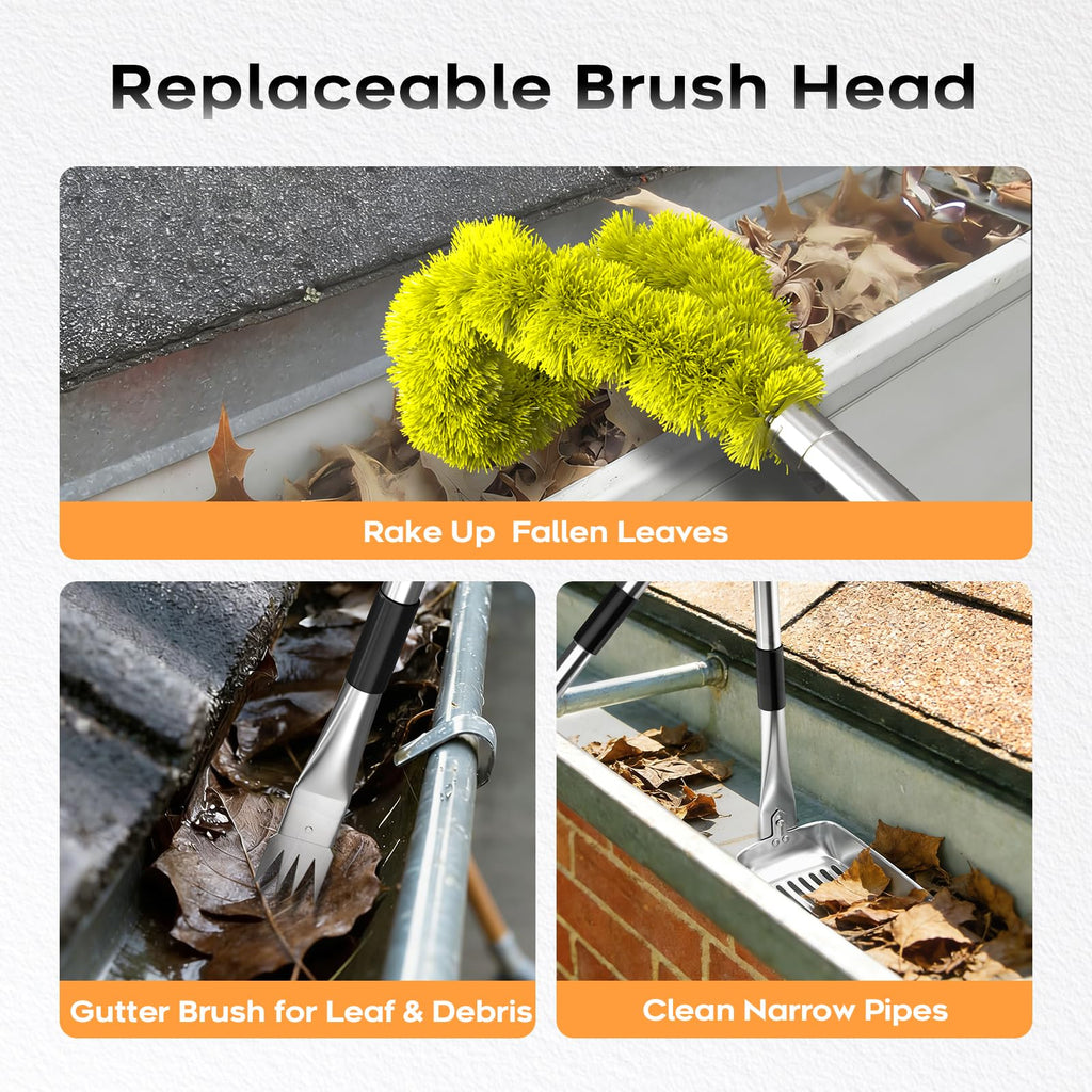 13ft Gutter Cleaning Tools with Replaceable Brush Rake Scoop, 180° Adjustable Angle, Yellow P187