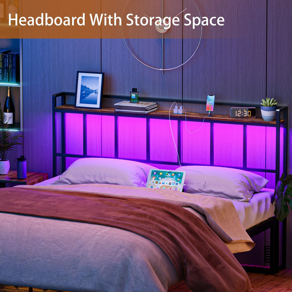 King Size Headboard with LED Light, Outlets and USB Ports, Storage Rack, Rustic Brown B6498
