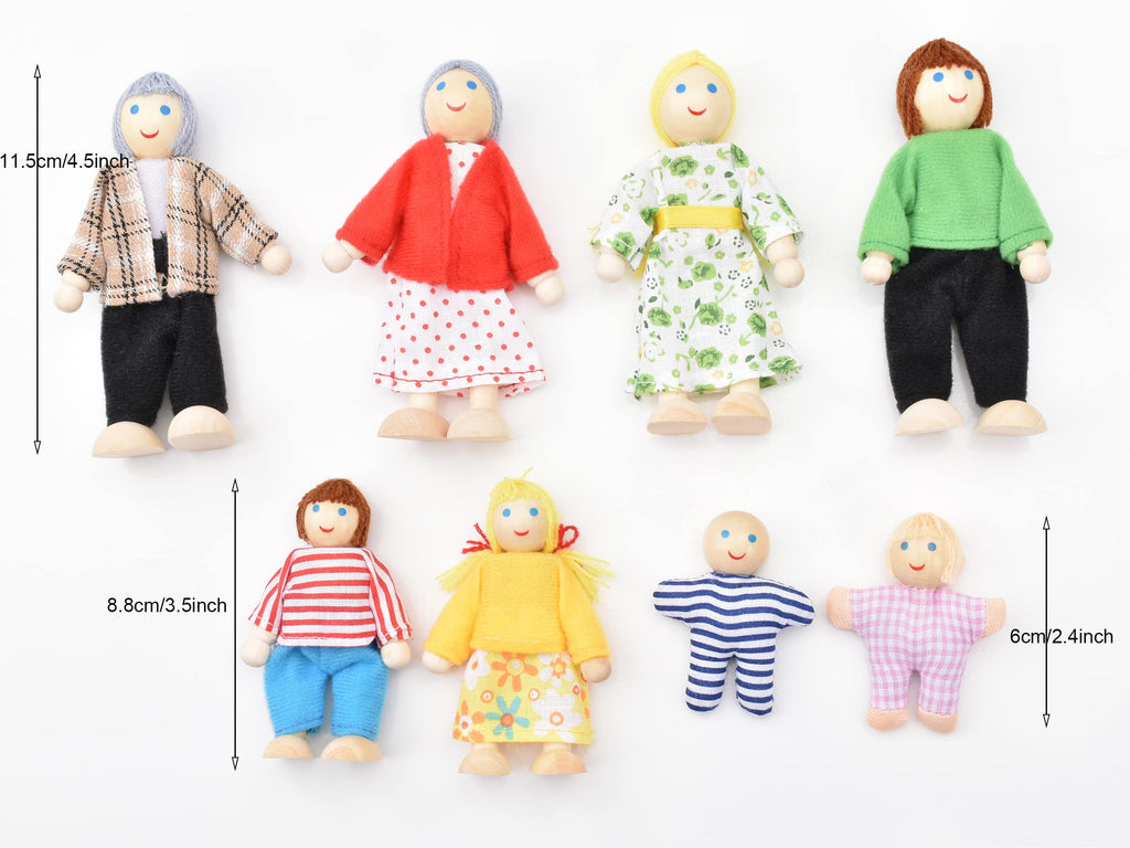Wooden Dollhouse Dolls Family Set of 8 Miniature Figures and 2 Pets C995