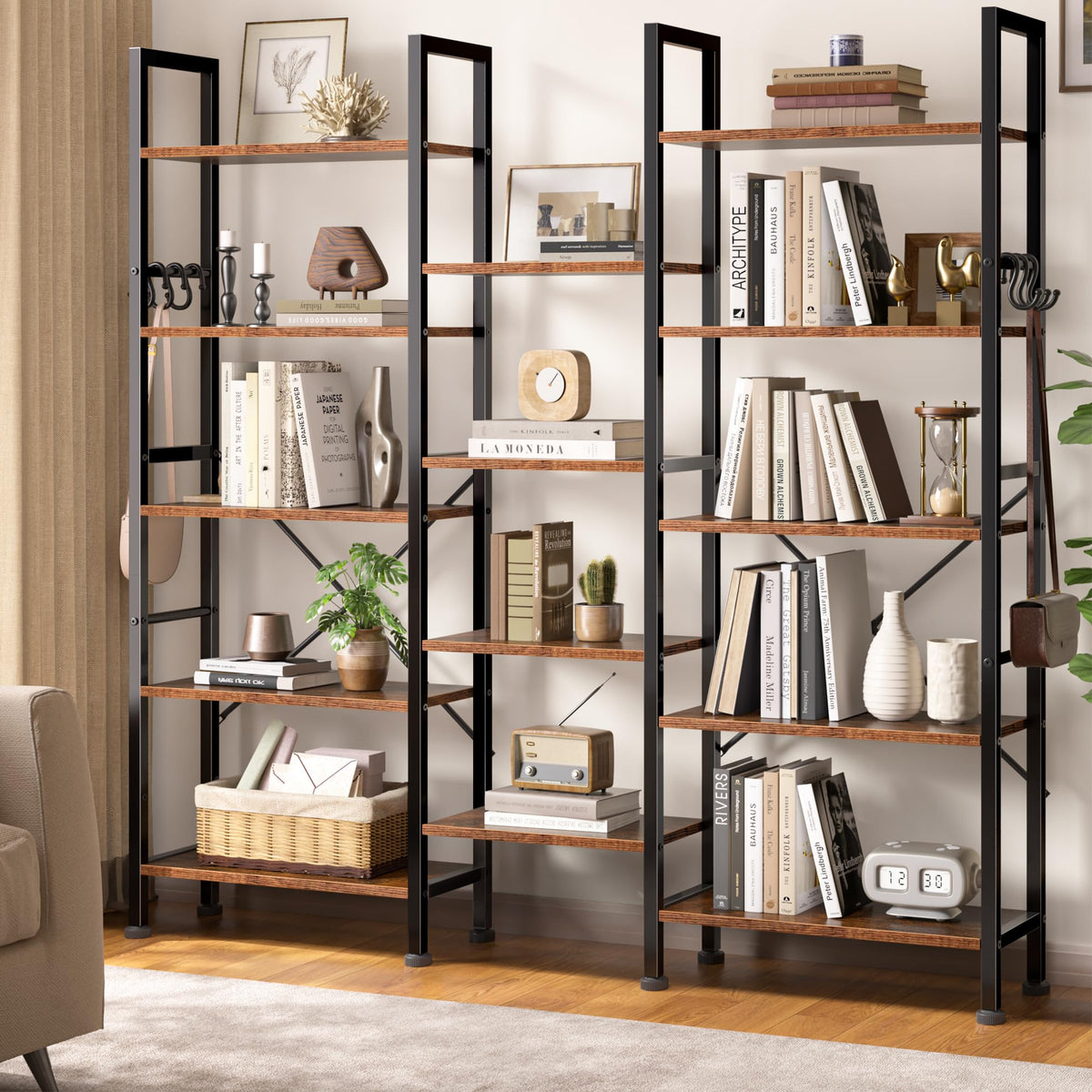 5 Tier Wide Bookshelf with 6 Hooks M588