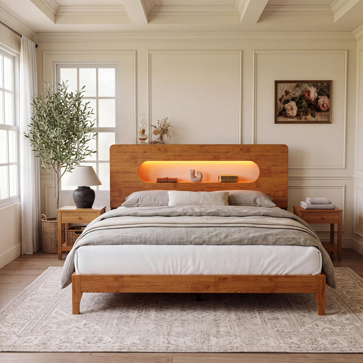 Queen Size Solid Wood Bed Frame with Storage Headboard, Brown E9613