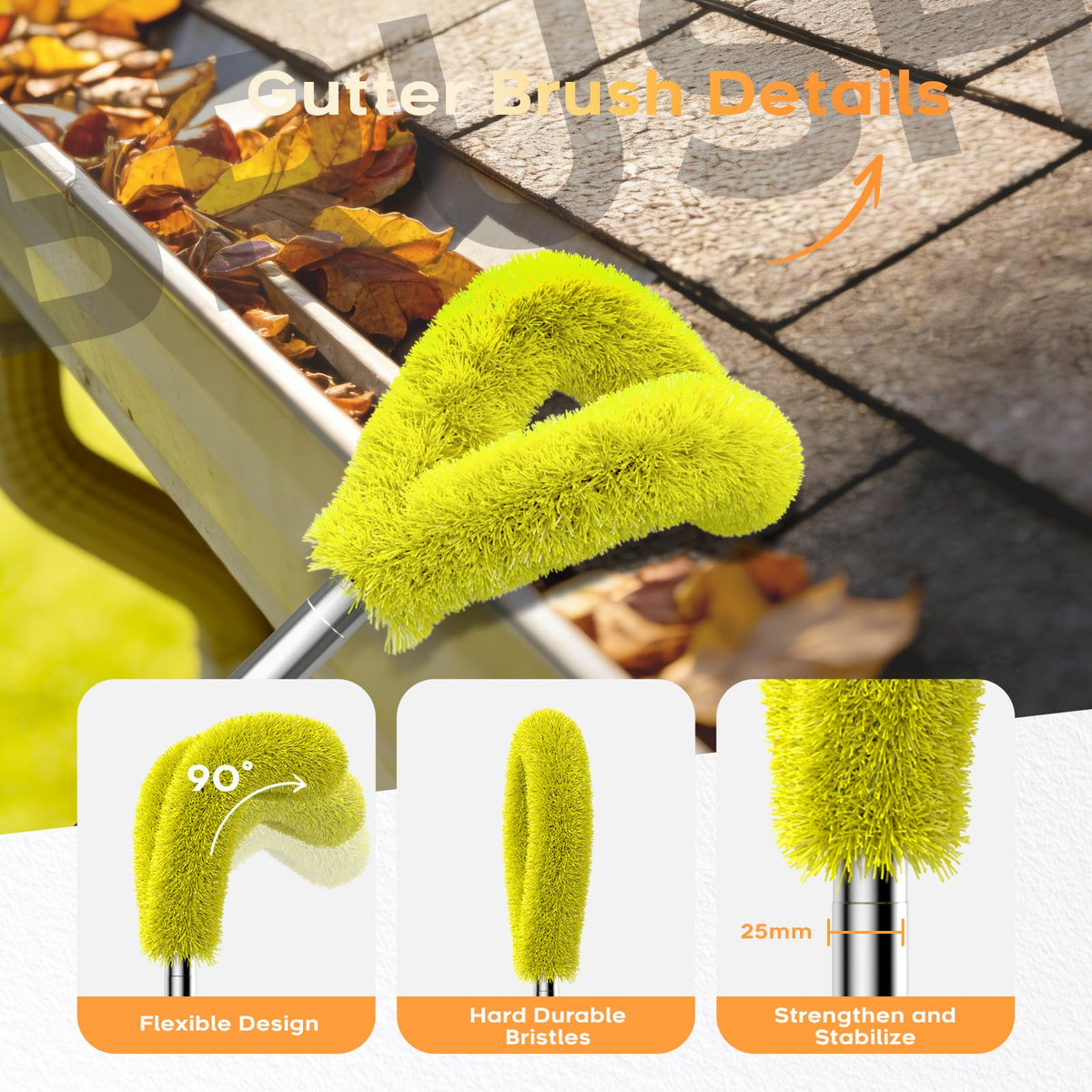 13ft Gutter Cleaning Tools with Replaceable Brush Rake Scoop, 180° Adjustable Angle, Yellow P187