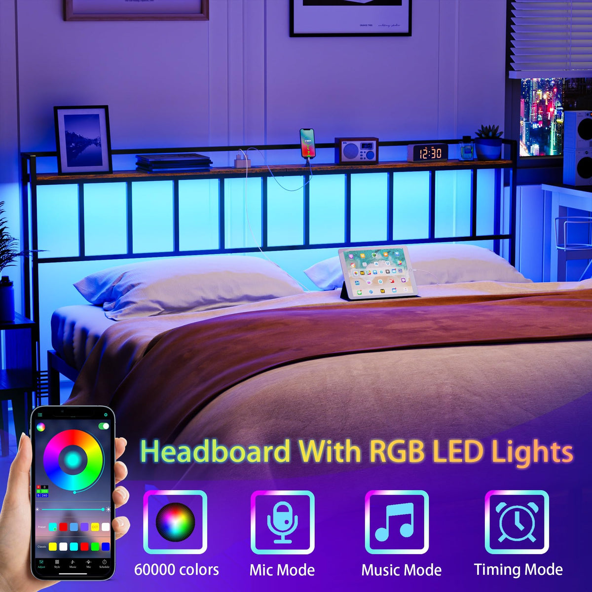 King Size Headboard with LED Light, Outlets and USB Ports, Storage Rack, Rustic Brown B6498