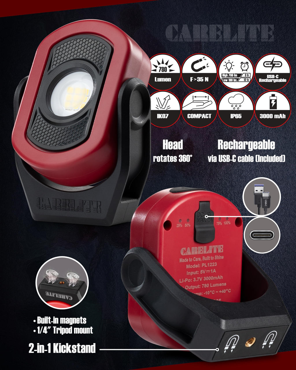 Magnetic Work Light 780 Lumen Rechargeable 3000mAh Red D53876