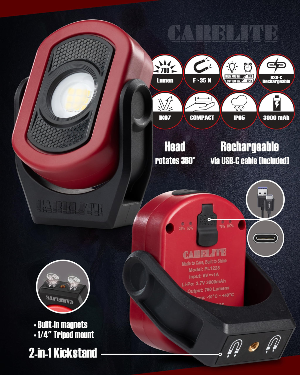 Magnetic Work Light 780 Lumen Rechargeable 3000mAh Red D53876