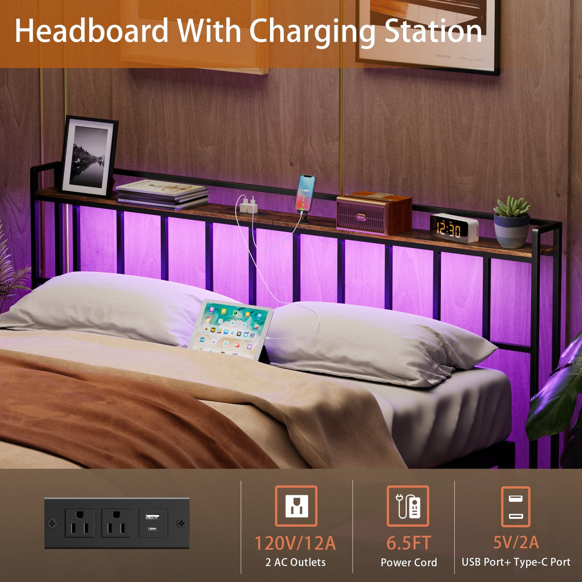 King Size Headboard with LED Light, Outlets and USB Ports, Storage Rack, Rustic Brown B6498