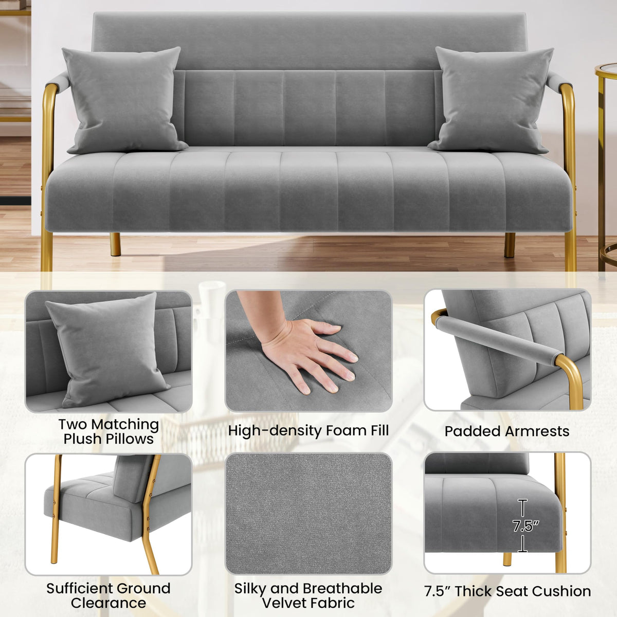 Light Gray 2 Seater Sofa with Gold-Tone Legs X518244