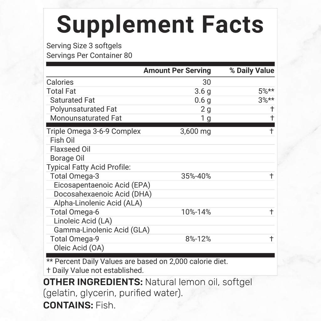Omega 3-6-9 Fish Oil 3,600mg 240 Softgels Lemon Flavored C95240