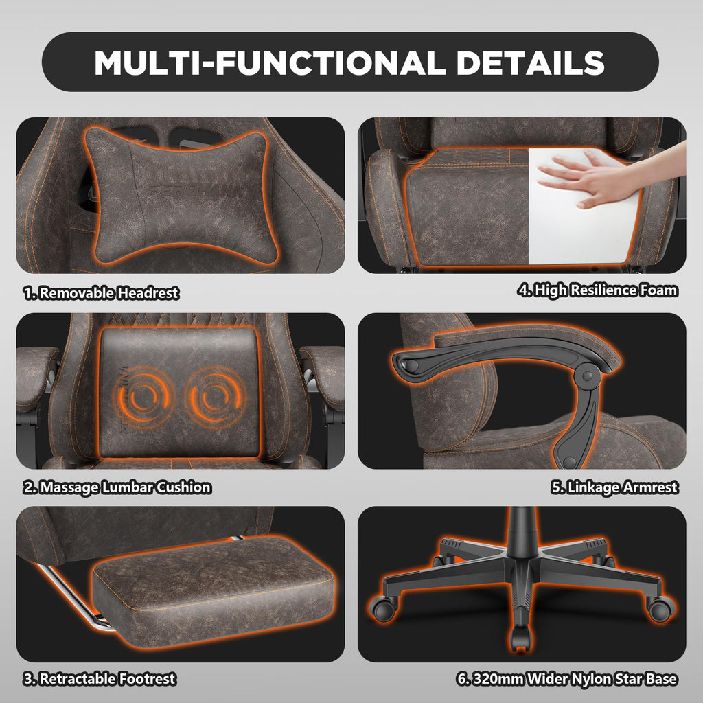 Brown PU Leather Ergonomic Reclining Gaming Chair with Massage Lumbar Support and Footrest B585